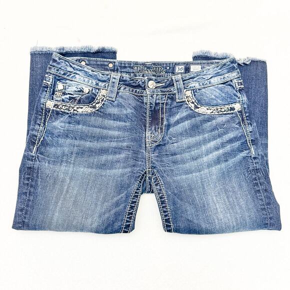 Miss Me Signature Cropped Dark Wash Denim Ripped Jeans Studded Pockets SIze 30 - Picture 4 of 10